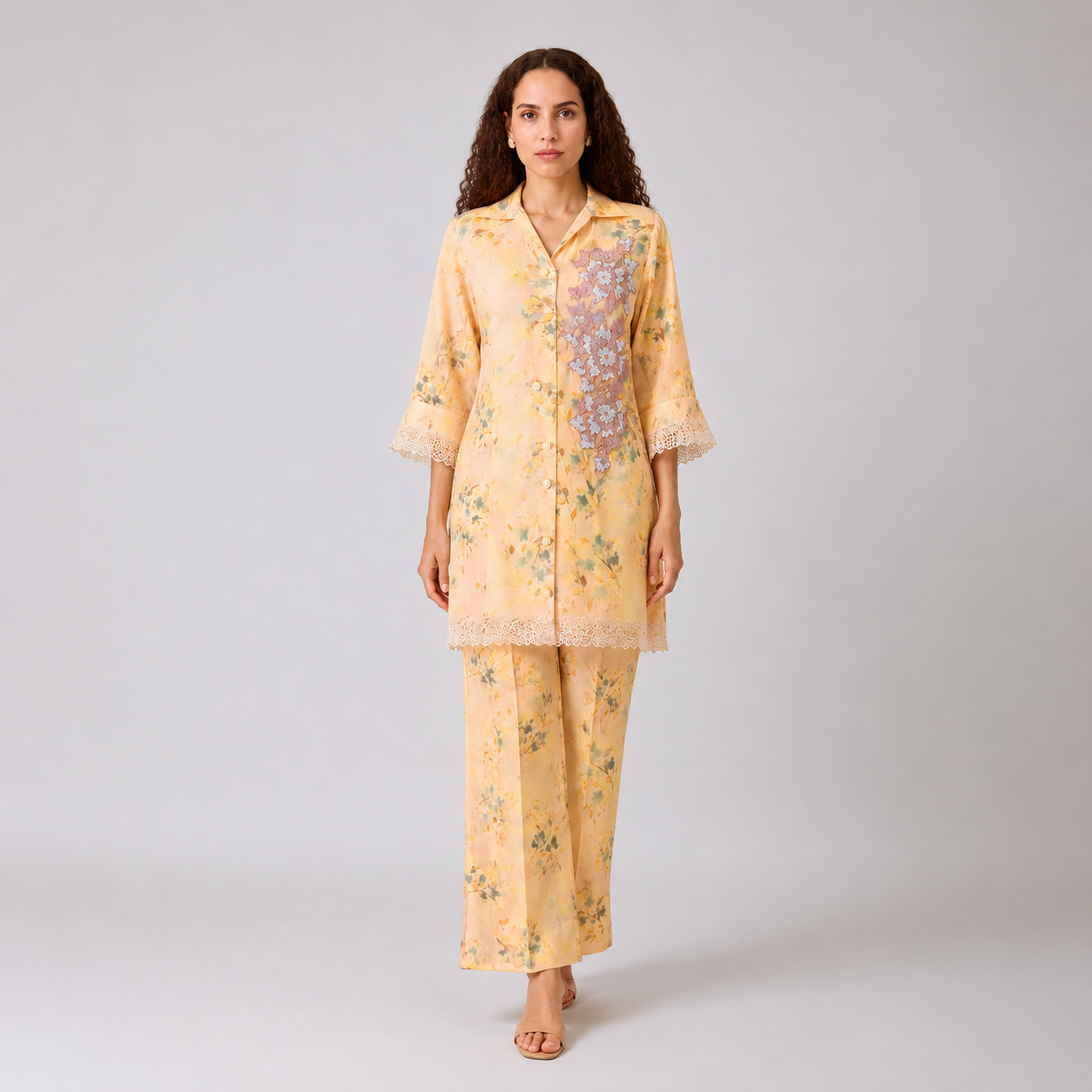 Peach Floral Embroidered Kurti & Pant Set